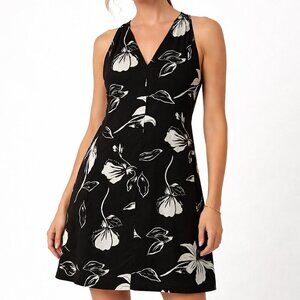 Ophelia Roe Black Floral Linen Blend Sleeveless V Neck Dress Size M
